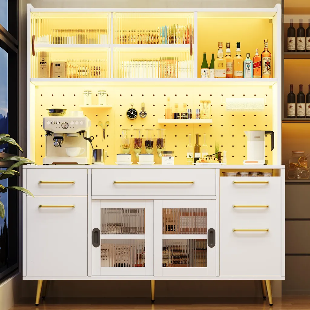 Buffet haut blanc vitré avec éclairage LED et tiroir de rangement chic - 4