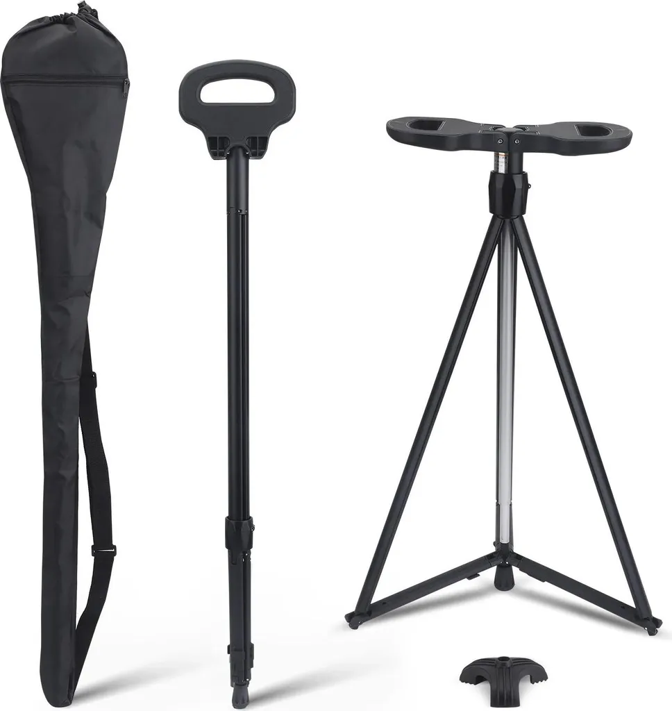 Canne avec siège réglable en hauteur avec poignée ergonomique en gomme