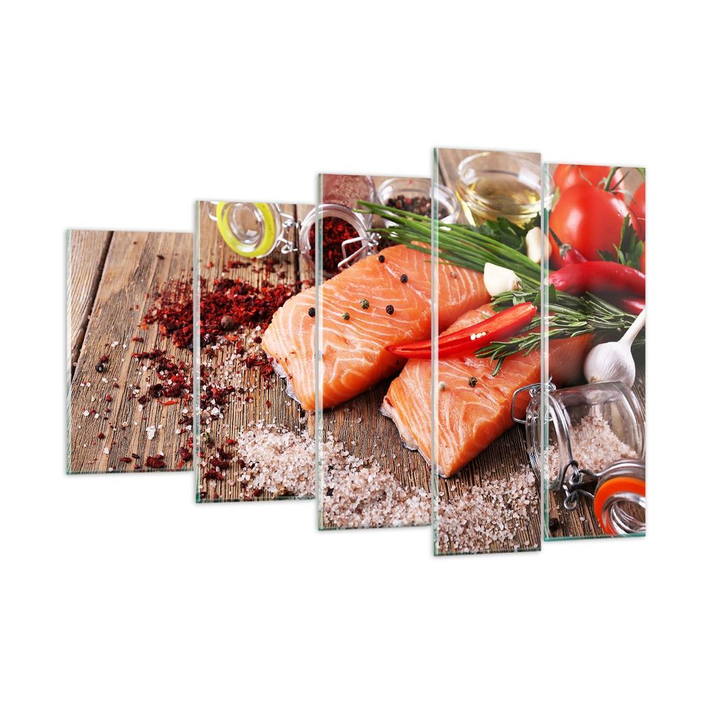 Bilder auf glas - Lachs Fisch Essen Küche - 150x100cm - Glasbilder - Wandbilder - Kunstdruck - zum Aufhängen bereit - Wanddekoration aus Glas - G...