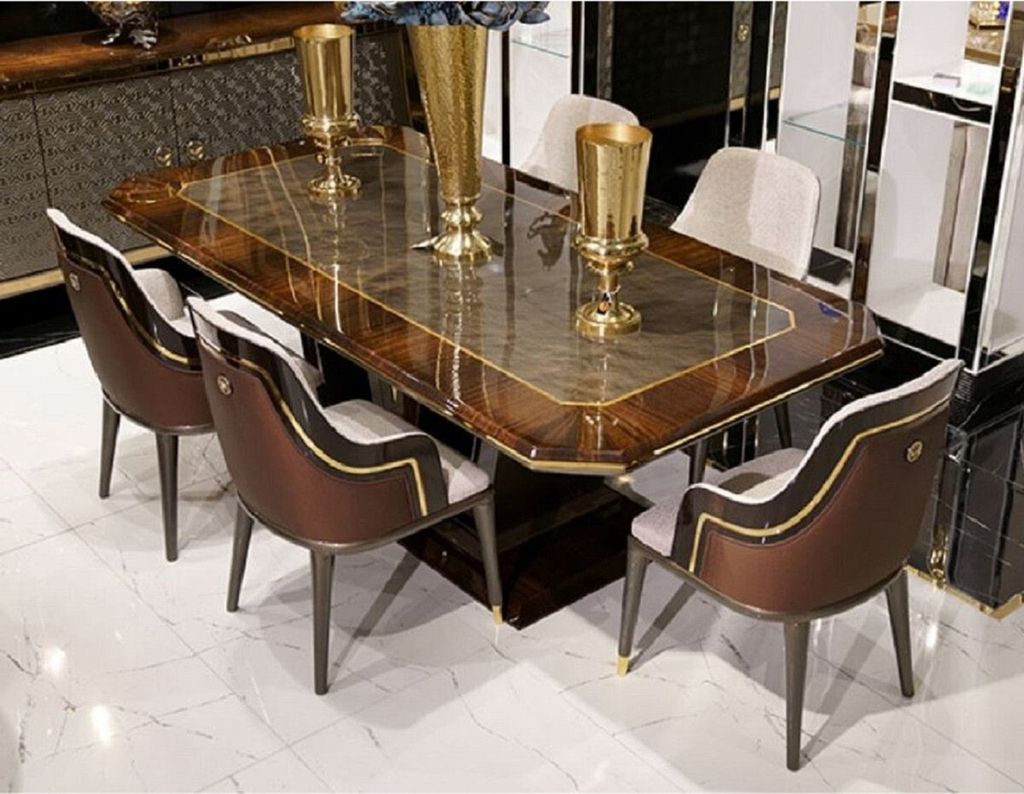 Casa Padrino Luxus Esstisch Grau / Braun / Gold 226 x 112 x H. 70 cm - Rechteckiger Massivholz Küchentisch - Esszimmer Möbel - Luxus Möbel - Lux...