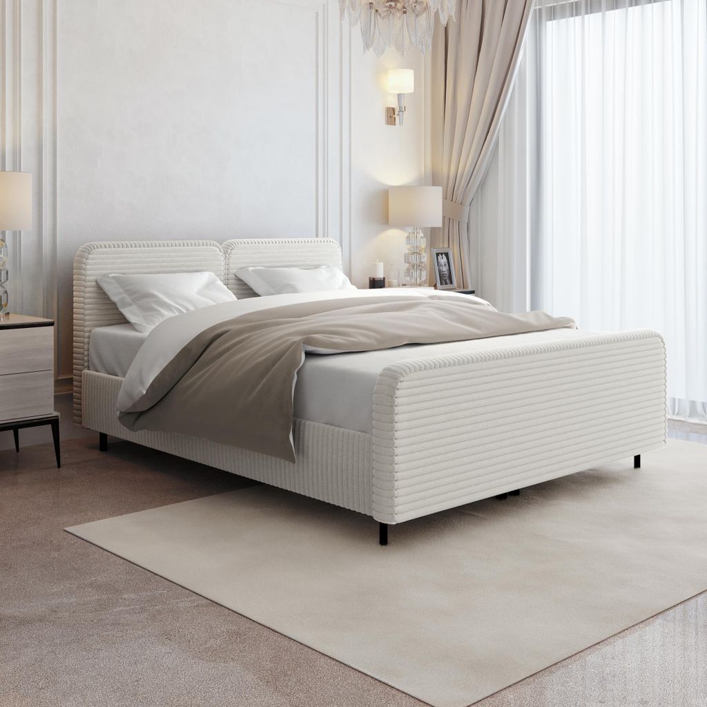 Doppelbett LEA 140x200 Polsterbett mit Bettkasten, Matratze & Topper – TILIA - Polsterstoff Creme
