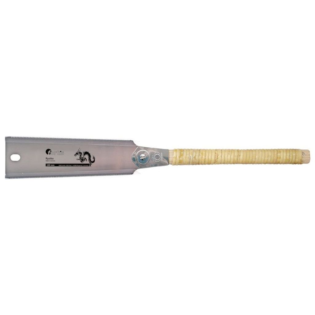 A Japanese-style pull saw with a dragon logo and a woven handle, presented against a white background.