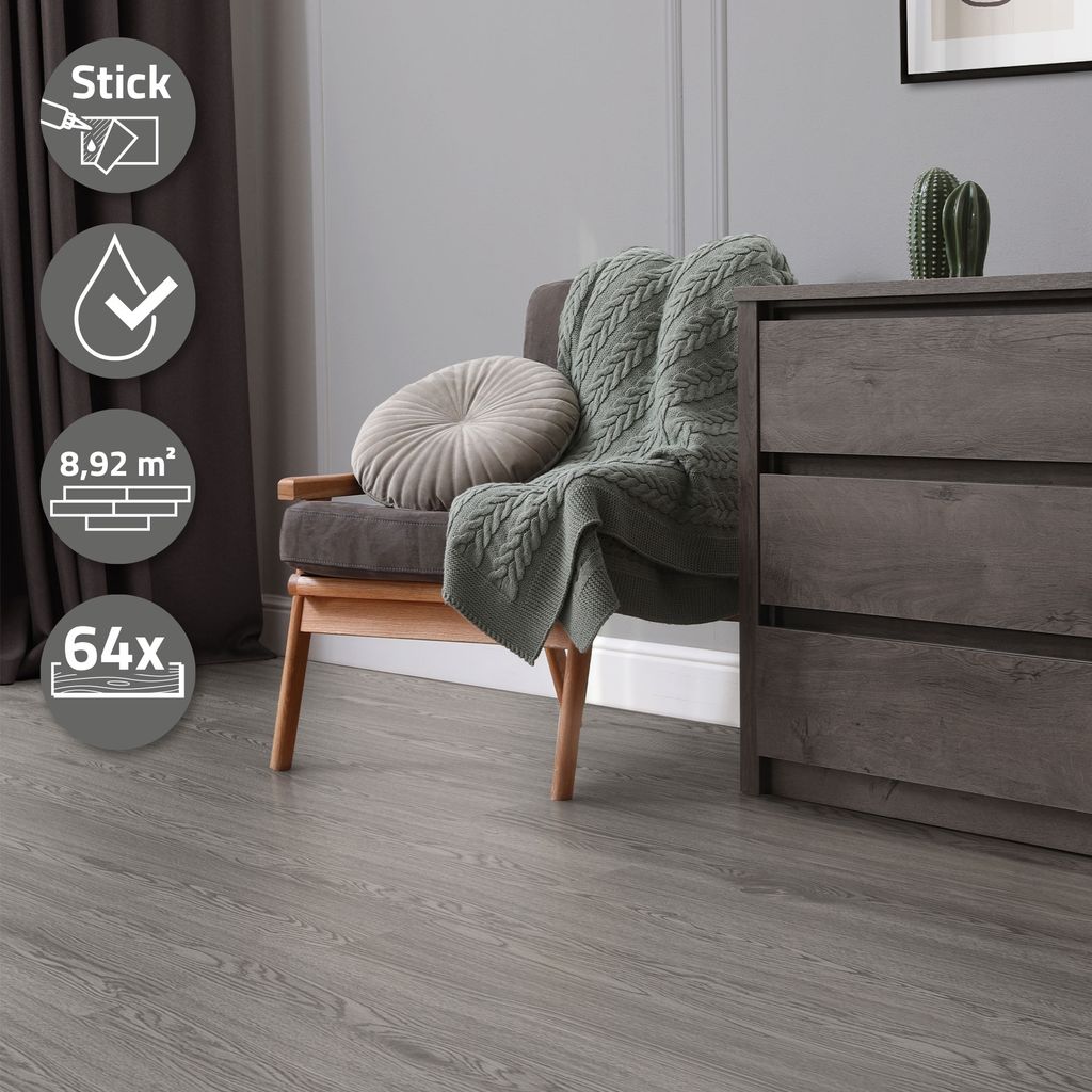 ML-Design Selbstklebende PVC Bodenbelag, 8,92 m²/64 Vinyl-Dielen, Eiche Grau