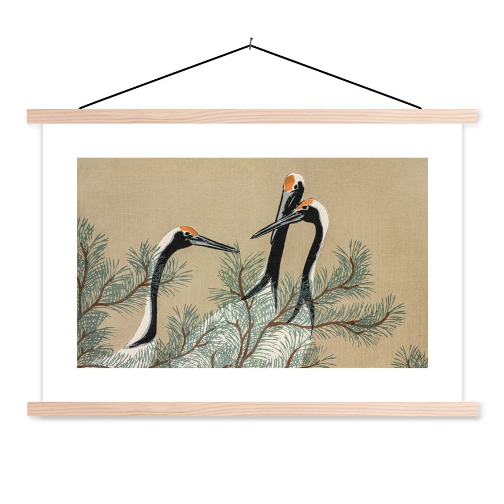MuchoWow Textilposter Kranich - Blätter - Vintage - Japanisch - Skandinavisch 120x80 cm mit holzfarbenen Rahmen - Aufhängeset