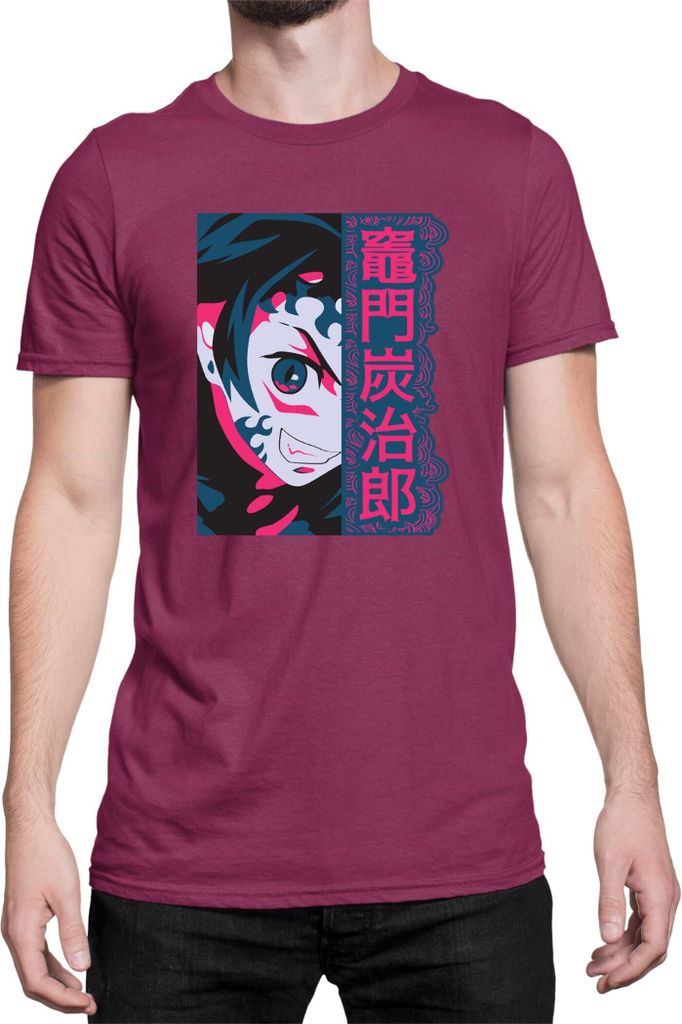 Herren T-Shirt Demon Anime Slayer Kimetsu No Yaiba Tanjiro Demon Face, Man S / Burgundy
