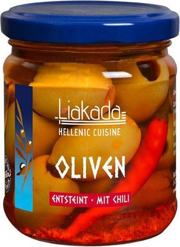 Grüne Oliven mit Chili entsteint