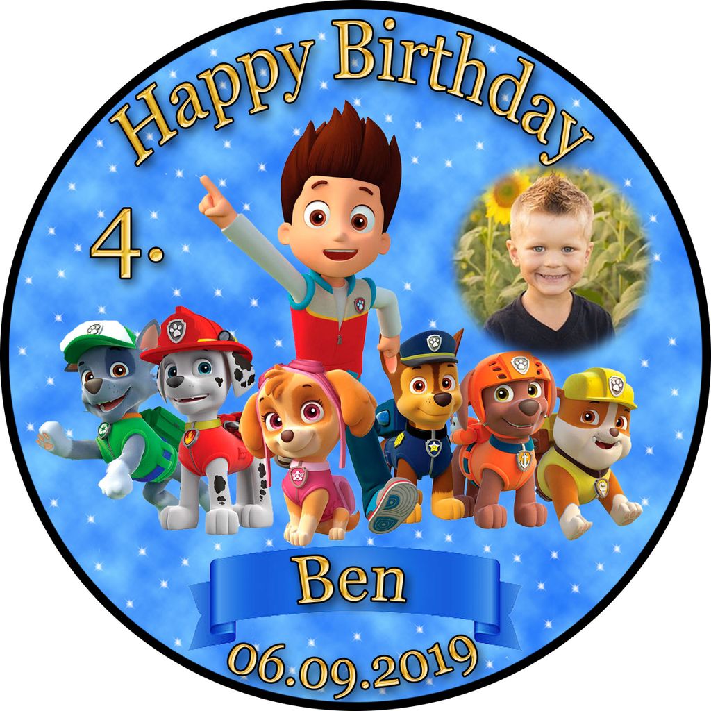 Tortenaufleger Fototorte Tortenbild Kindergeburtstag Paw Patrol PP02 (Zuckerpapier) Rund 14 cm Ø mit Banner & Foto Blau
