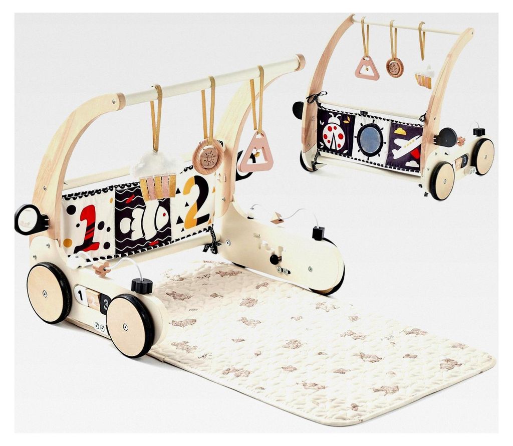 3 in 1 Baby Holz Lauflernhilfe mit Spielbogen und Spieldecke, waschbar und rutschfest für Neugeborene ab 0+ Monaten