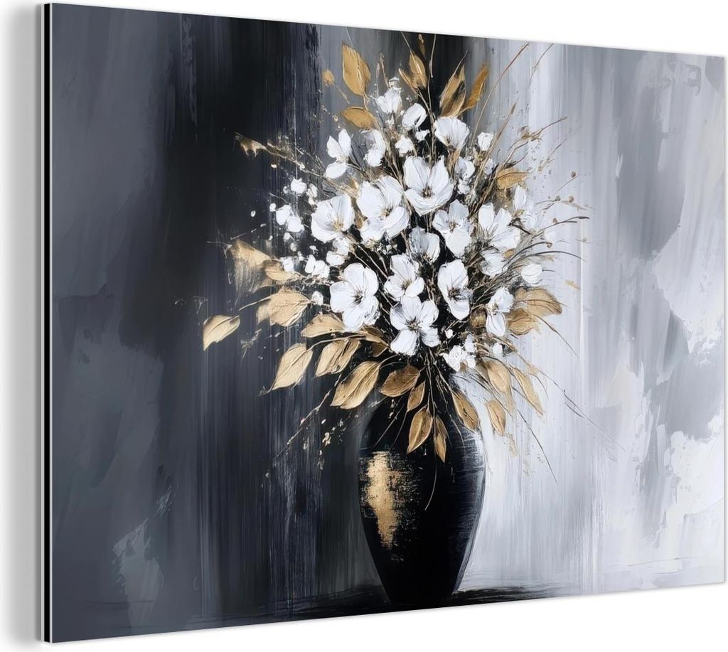 MuchoWow Wanddekoration Metall Metallbild Wandkunst 30x20 cm Blumen - Weiß - Vase - Abstrakt MuchoWow Aluminium Gemälde - Aluminiumgemälder