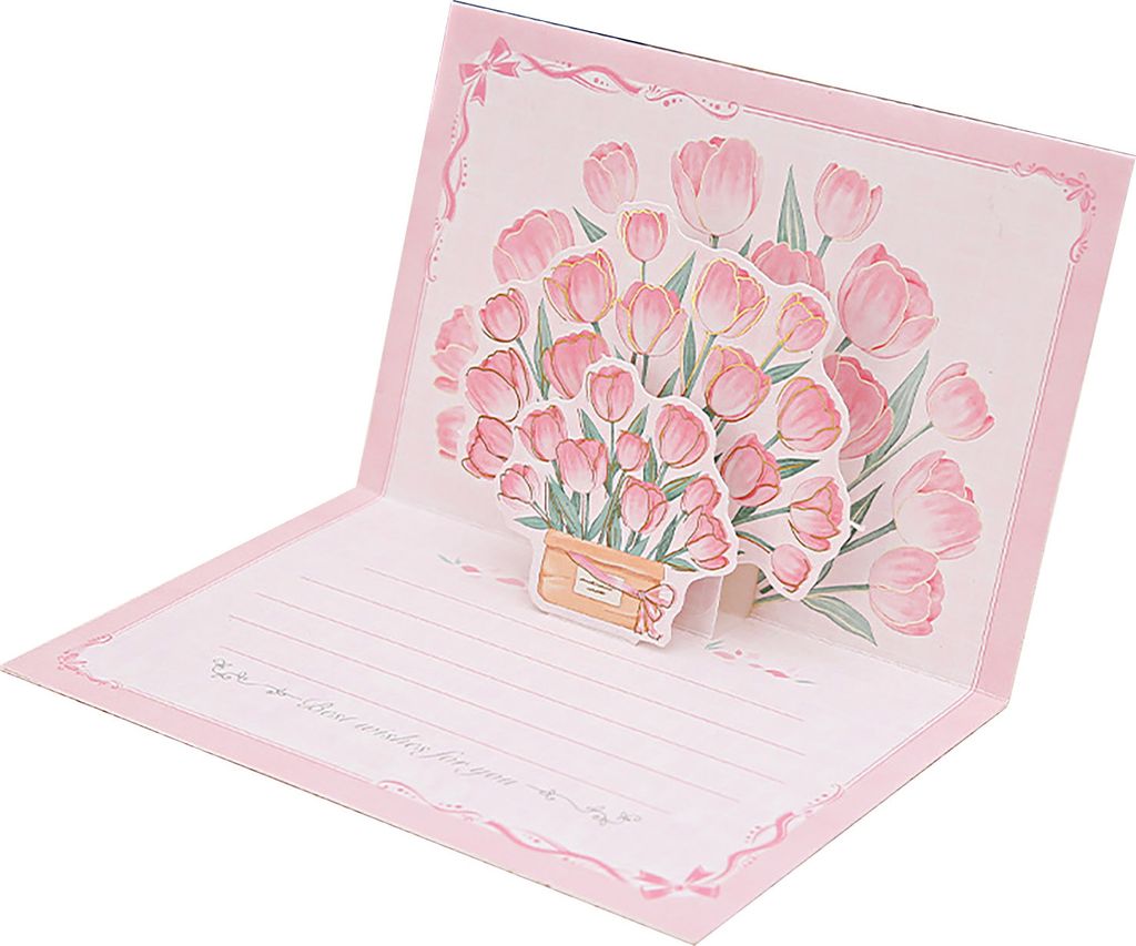 Pop-Up-Grußkarte, 3D-Blumenstrauß-Karte, handgefertigt, Rose, Sonnenblume, Tulpe, Geschenkkarte zum Muttertag, Abschluss, Jahrestag, Hellrosa