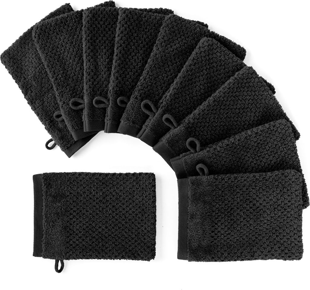 Pure Label 10-TLG Waschhandschuh Waschlappen Set mit Anhängeschlaufe aus 100% Baumwolle, saugstarkund weich | 10 Waschlappen 16x21cm, Schwarz