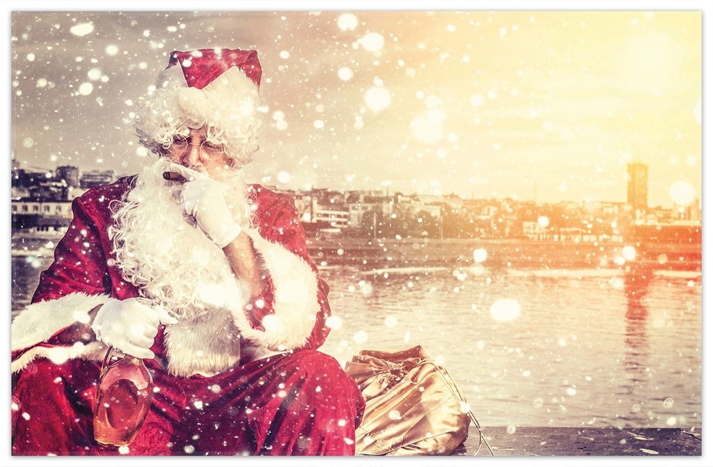 Wallario Premium Teppich, Größe 90 x 140 cm, Christmas-Party - Weihnachtsmann mit Schnaps und Zigarre