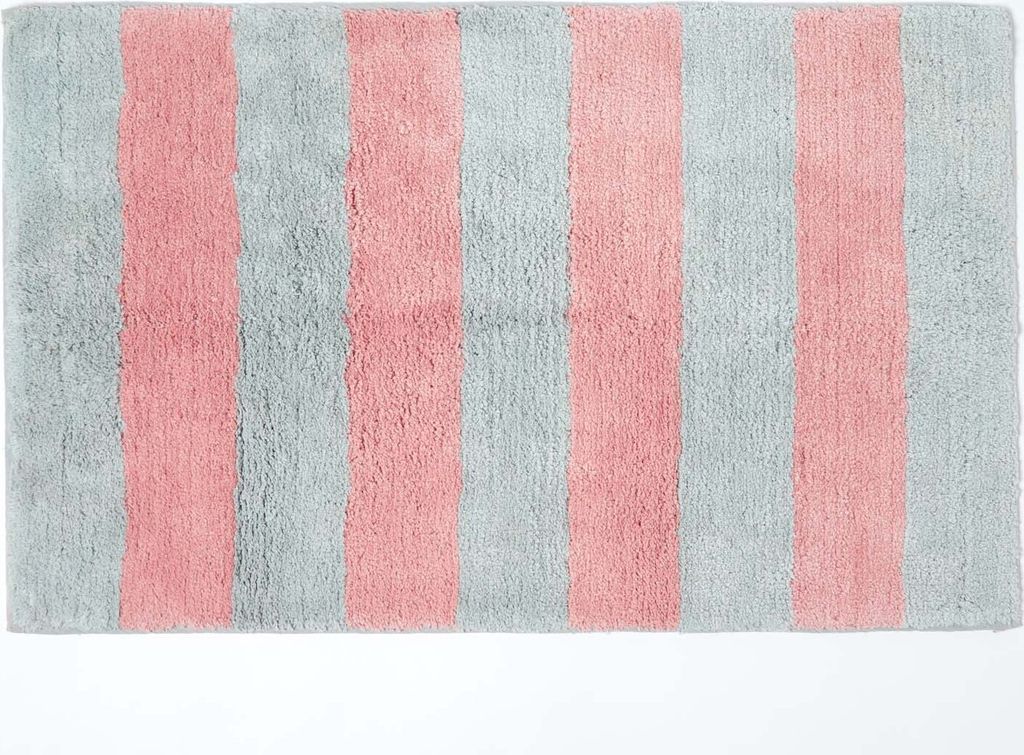 HOMESCAPES Rutschfeste Badematte mit Streifenmuster 100% Baumwolle, rosa und grau