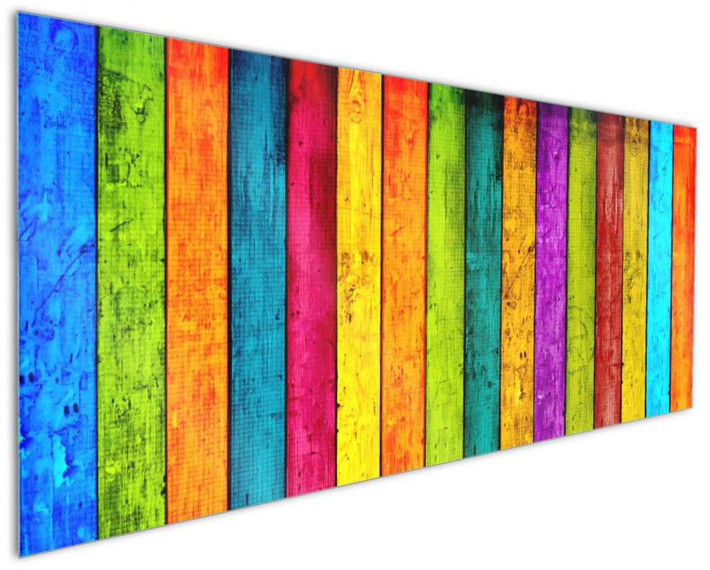 Wallario Küchenrückwand aus Glas, Größe: 125 x 50 cm, Motiv: Buntes Holz - bunte Streifen mit Farbe und Holzstruktur | Spritzschutz | abwischba...