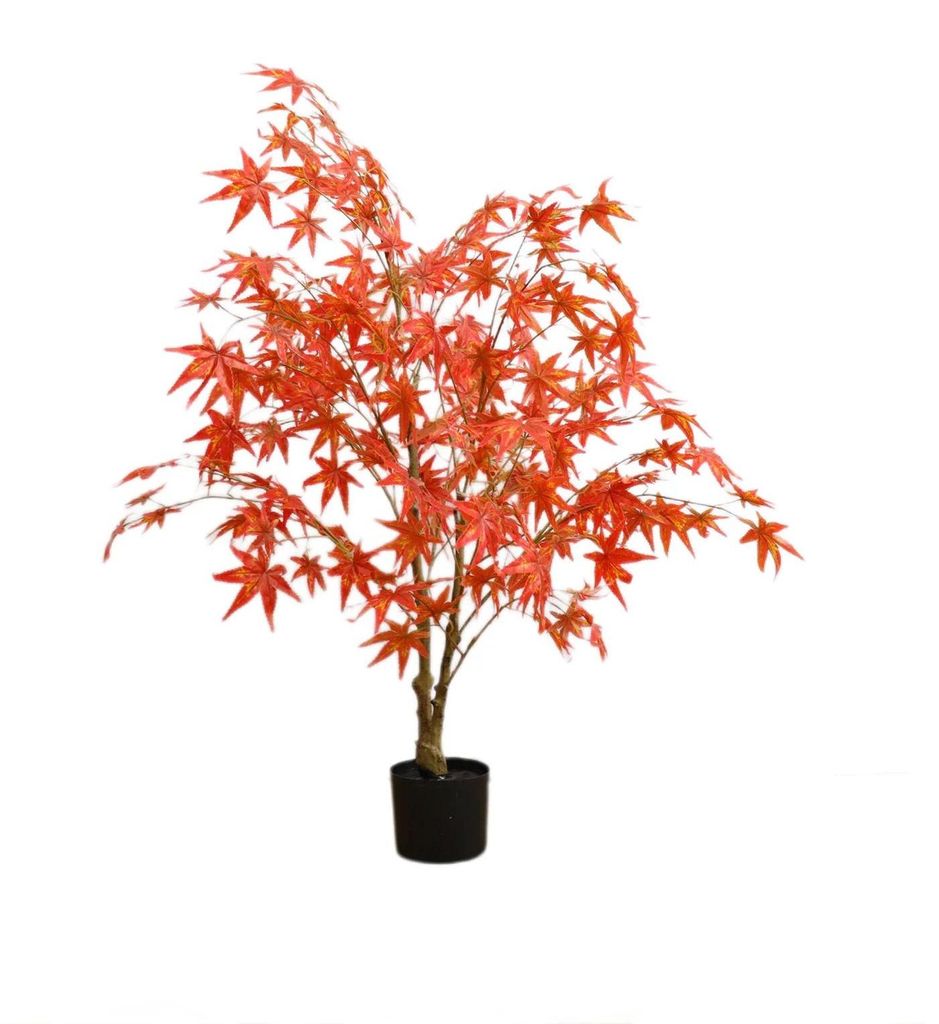 Künstlicher Ahornbaum - Kunstpflanze - 120 cm - Seidenblätter - Kunststofftopf - Rote Herbstblätter - Bodenmodell - Innen/Außen - Rot