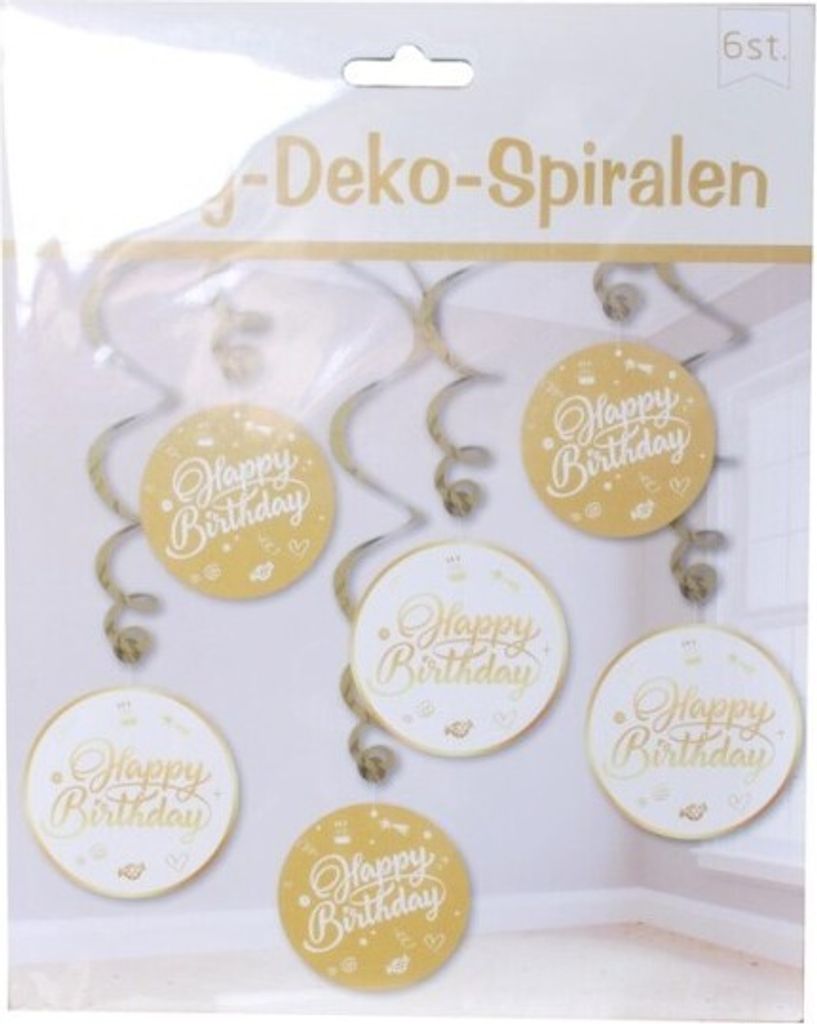 Party-Spiralen "Happy Birthday", weiß/gold, 6-tlg.