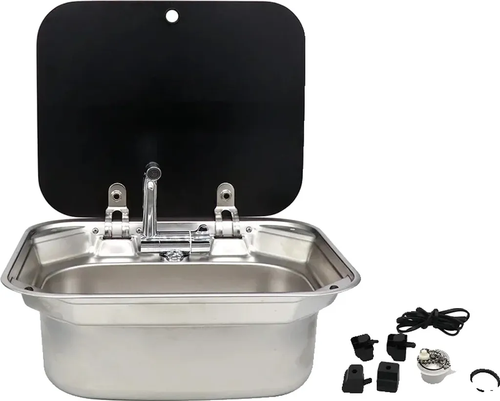 Lavabo avec couvercle en acier inoxydable et écoulement courbé compact