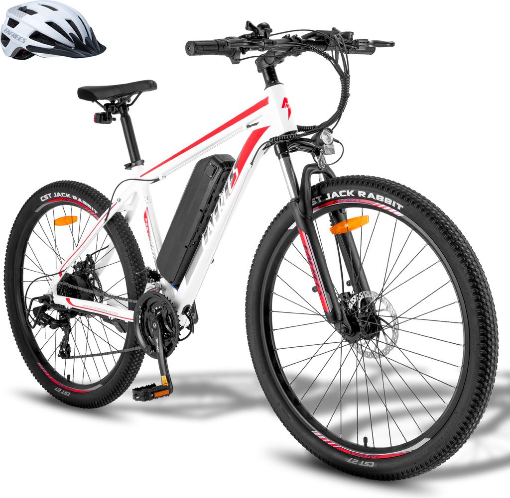 E Bike Rostfreie Aluminiumlegierung MTB 27,5 Zoll bis zu 90 - 110 km Elektrofahrrad mit 21 Gang Mountainbike, Weiß und Rot