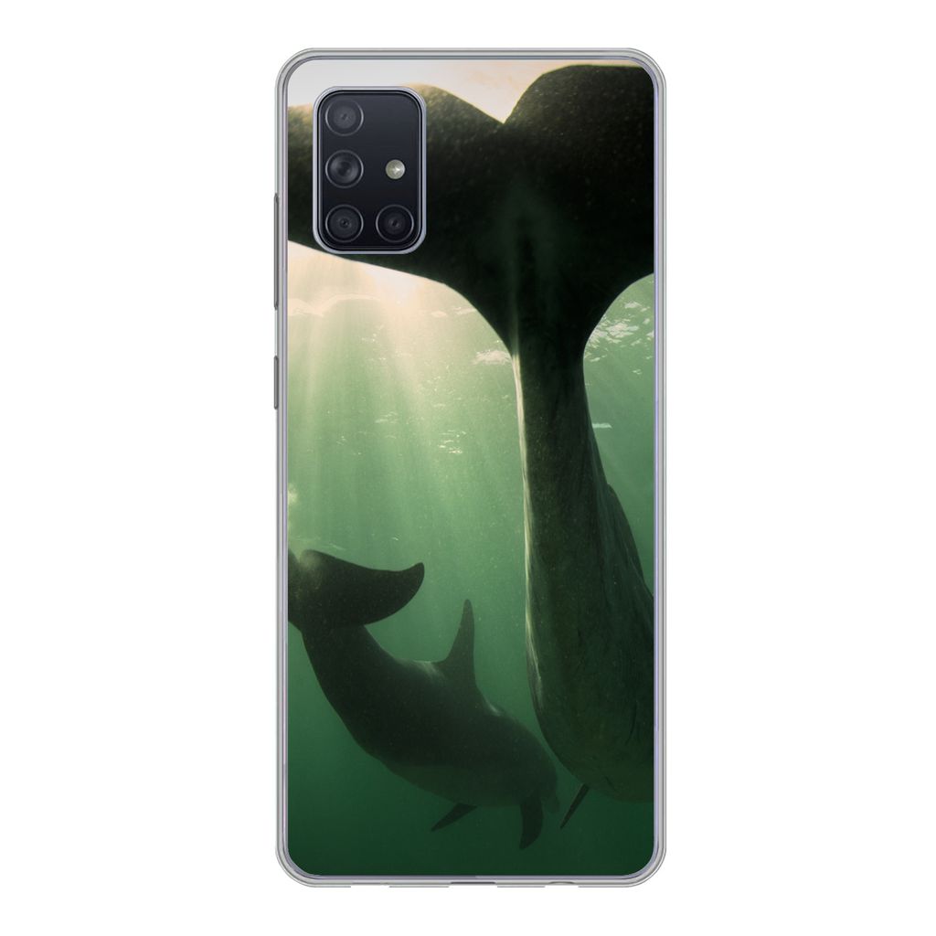 MuchoWow Handyhülle Schutzhülle Hülle für Samsung Galaxy A71 Delfin - Wasser - Blau Silikon Softcase Handy Hülle - Kartenbesitzer