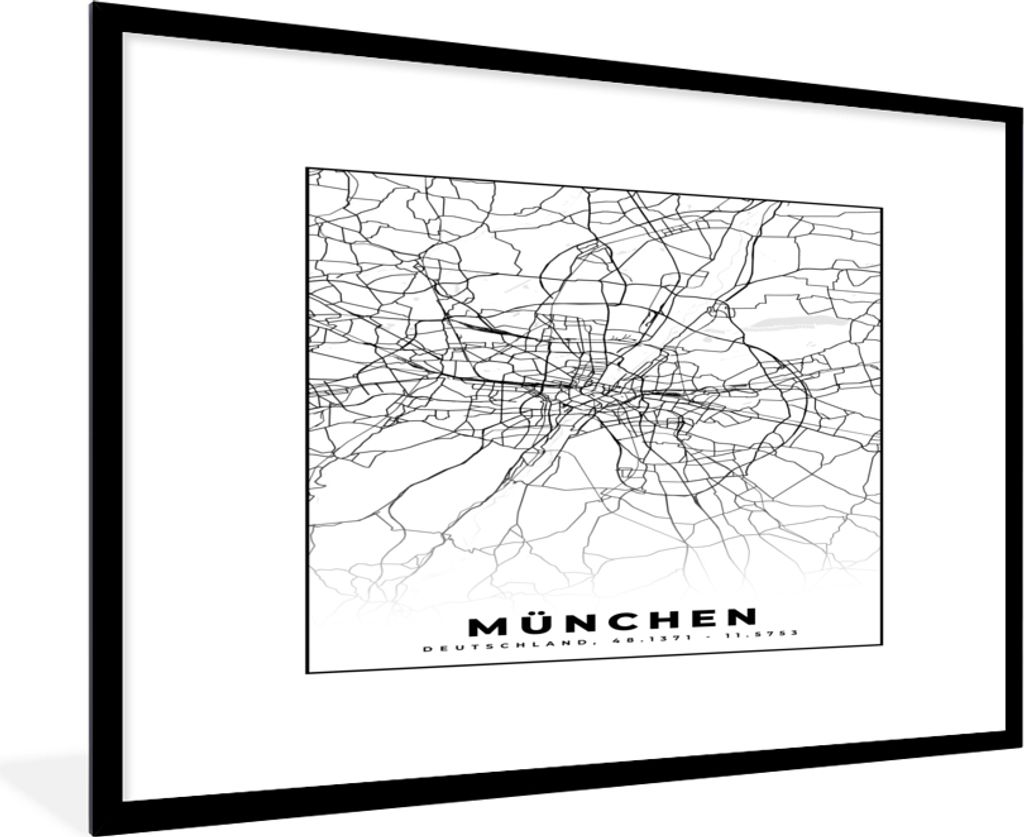 MuchoWow Gerahmtes Poster München - Karte - Stadtplan 90x60 cm - Poster mit Schwarzem Bilderrahmen Wandposter Rahmen Foto Bilder - Wanddekoratio...
