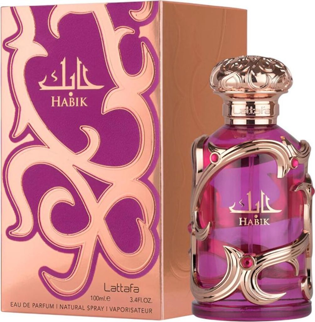 A perfume bottle and its packaging are displayed against a white background.
