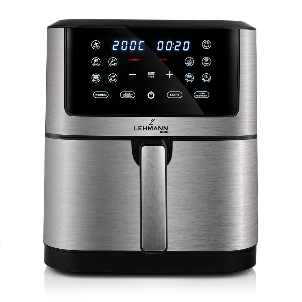 A front view of a silver and black air fryer with a digital display and touch controls.