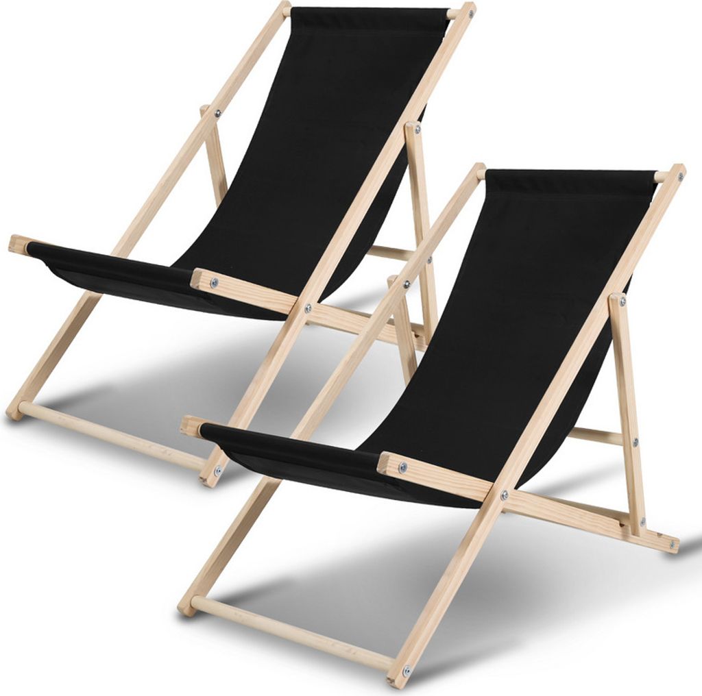 Clanmacy 2X Liegestuhl Gartenstuhl Klappstuhl Kieferholz Holz Klappbar Relax Stoff Deck schwarz