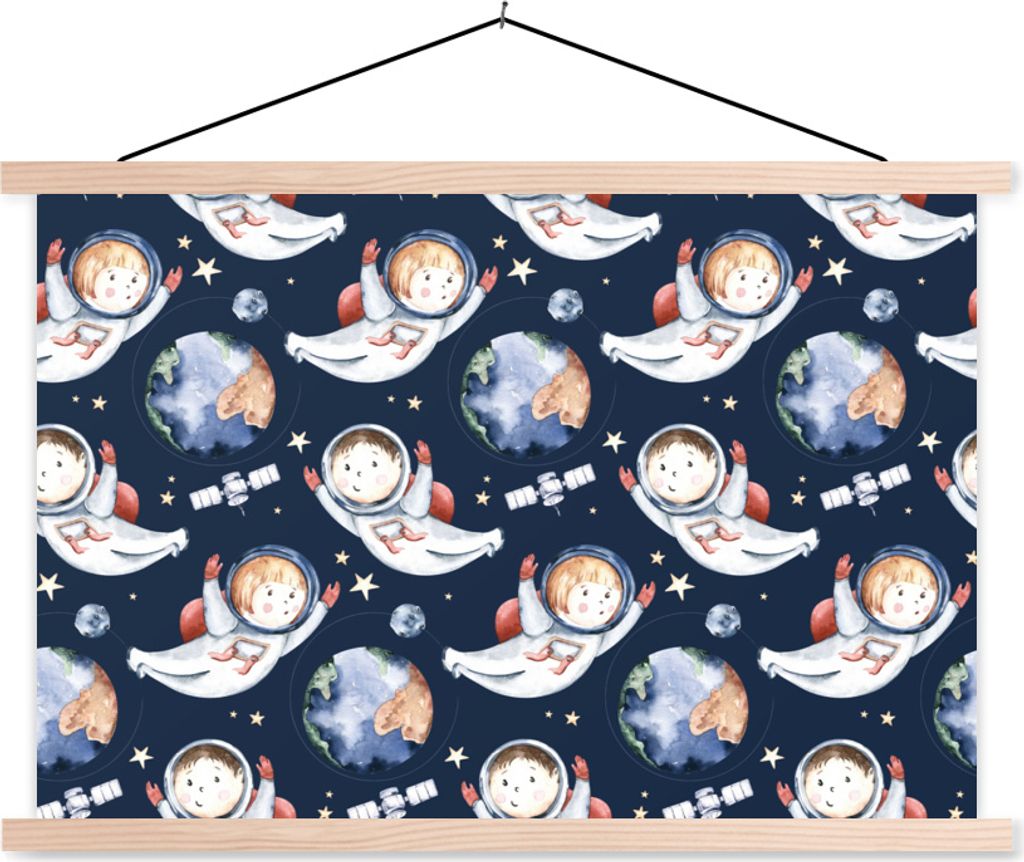 MuchoWow Textilposter Muster - Kinder - Planeten - Jungen - Kinder - Mädchen - Kinder 120x80 cm mit holzfarbenen Rahmen - Aufhängeset