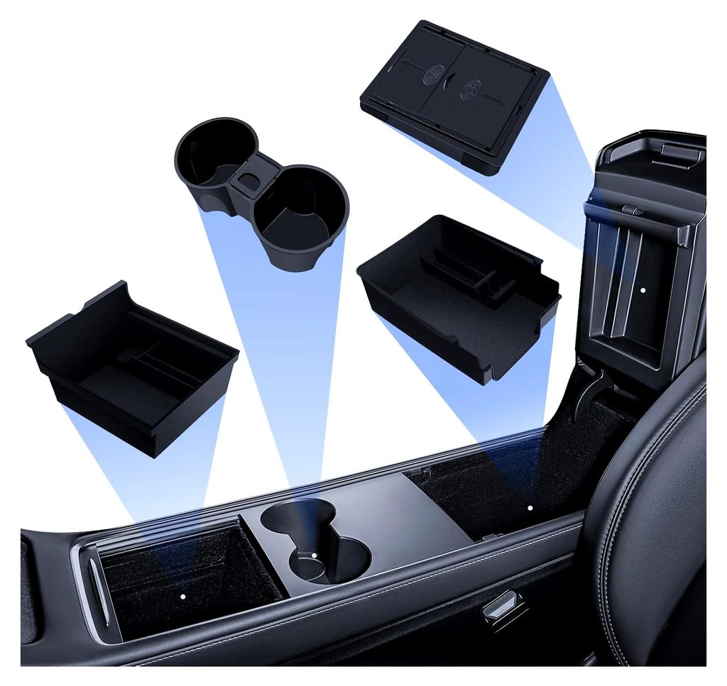 4-teiliges Zubehörset für Tesla Model Y 2021-2024 und Model 3 2021-2023, Mittelkonsole Organizer, Armlehne Aufbewahrungsbox, Versteckte Aufbewahr...