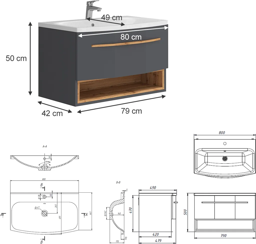 Ensemble meuble de bain anthracite Vicco Stelantis pour rangement optimisé