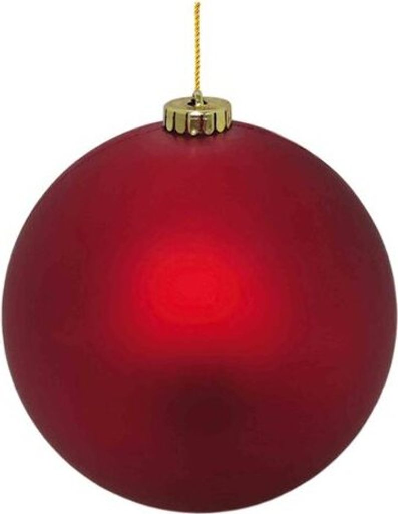 A single red Christmas ornament hangs from a gold string against a white background.