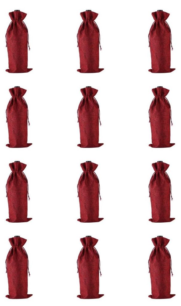 INF 12er Pack Jute Weinbeutel mit Zugband - Rustikale Geschenkverpackung für 750ml Flaschen Rot