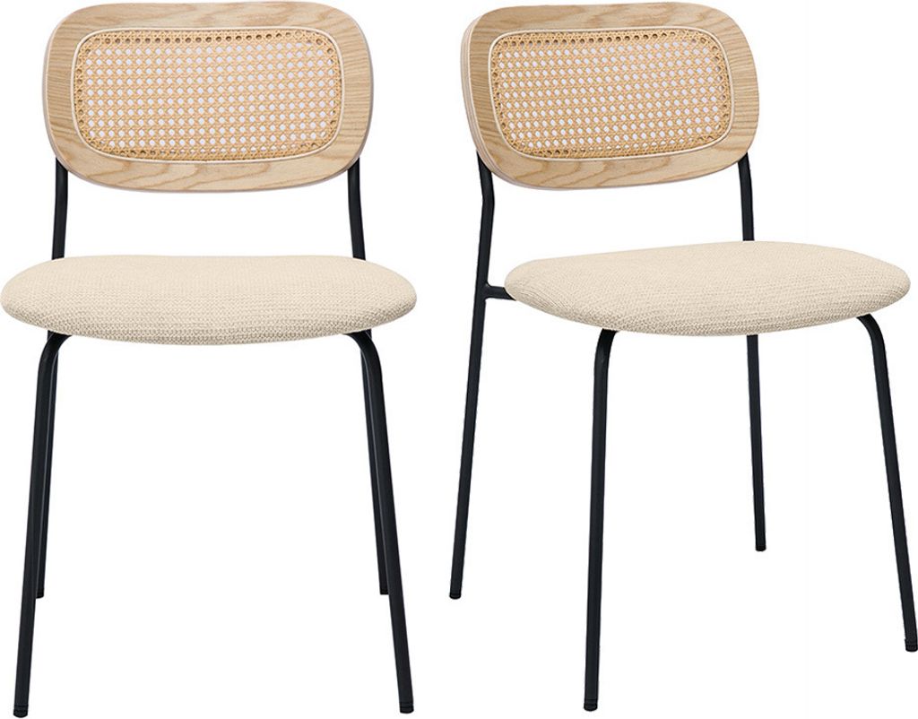 Miliboo - Design-Stühle in beigem strukturiertem Samteffektstoff, schwarzem Metall und Rattanwebung (2er-Set) MIRANDA