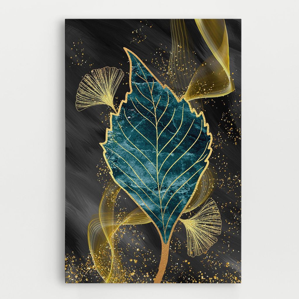 ARTHUB Leinwandbild 20x30 cm, Golden Leaves Blue | Wohnzimmerdekoration, Hängende Bilder, Wanddekoration, Heimdekoration, Blumen, Blätter