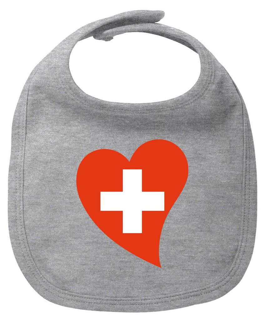 Huuraa Baby Lätzchen Schweiz Flagge Herz Heather Grey Klettverschluss Baumwolle Latz Geschenkidee