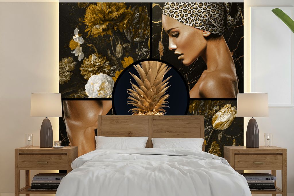 MuchoWow Fototapete für Wohnzimmer oder Schlafzimmer Wandtapete Vinyl Motivtapete Gold - Schwarz - Frauen - Blumen - 260x260 cm - Papiertapeten