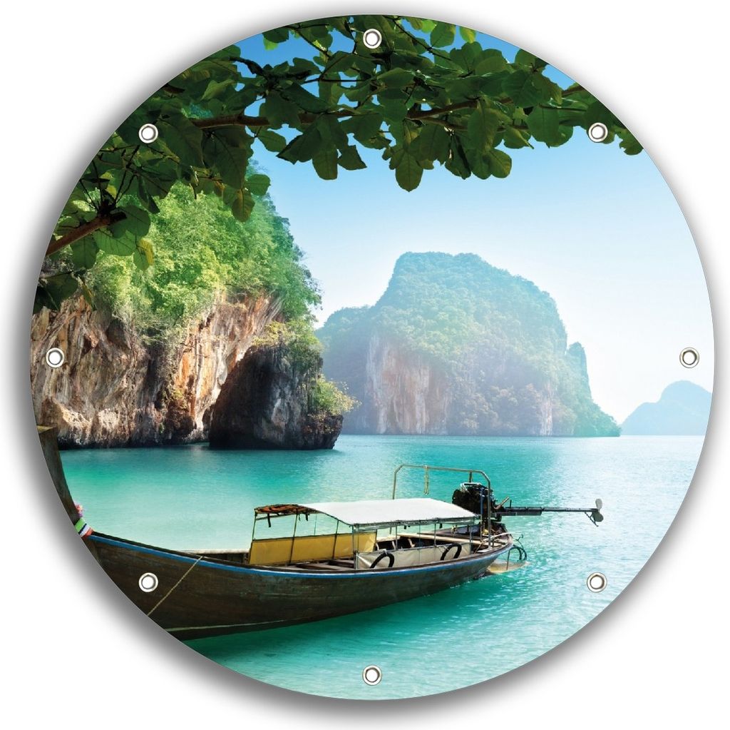 Wallario rundes Outdoor-Poster für Garten oder Balkon, Motiv Fischerboot in Thailand blaues Meer und Steinfelsen, 30 cm Durchmesser