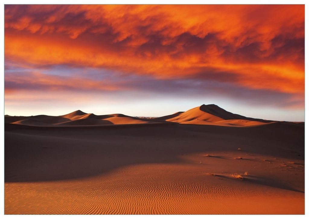Wallario Premium Glasbild, freischwebende Optik, kräftige Farben, Größe 100 x 70 cm Motiv Sahara Wüste II - Sanddünen im Sonnenuntergang