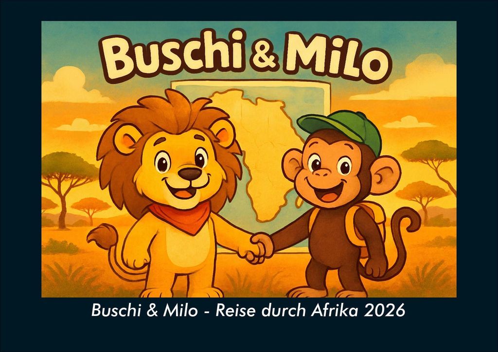 Buschi & Milo - Reise durch Afrika 2026 Fotokalender - Querformat DIN A4, Monatskalender mit Kinder-Motiven von Tieren, Reisen, Freundschaft und Ab...