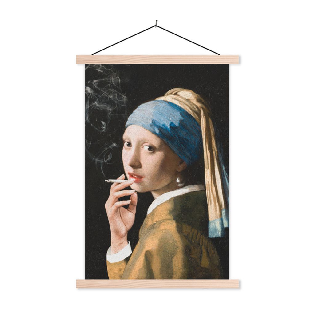 MuchoWow Textilposter Mädchen mit Perlenohrring - Johannes Vermeer - Zigaretten 60x90 cm mit holzfarbenen Rahmen - Textil