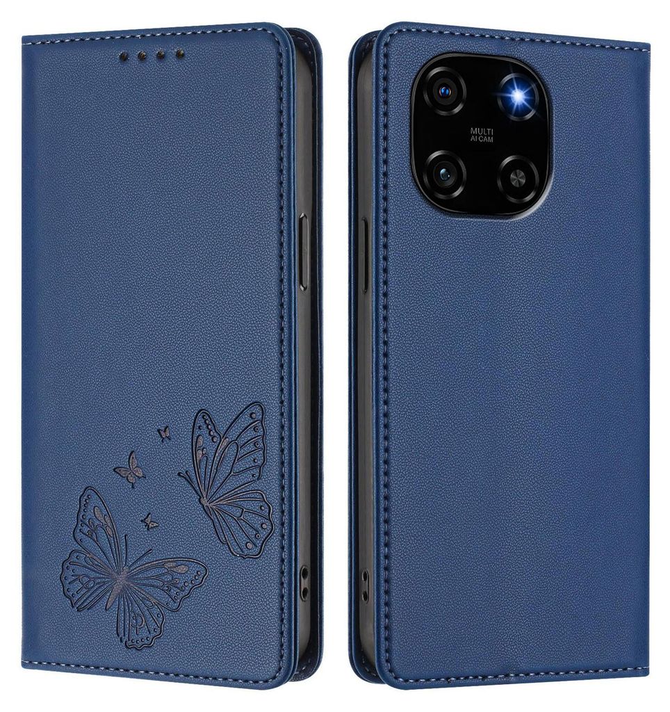 Lederhülle für Blackview Color 6, Schmetterling Prägung Leder Brieftasche Schutzhülle mit Ständer Dunkelblau