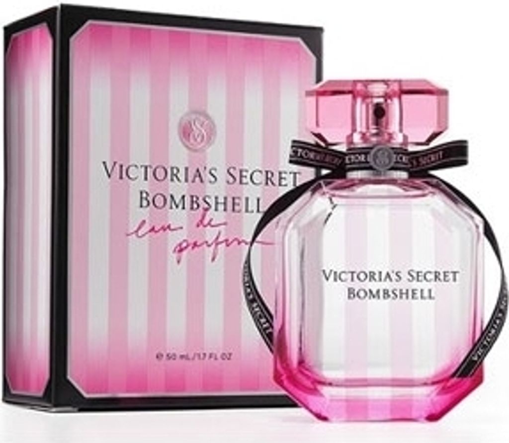 A Victoria's Secret Bombshell perfume bottle and its box are displayed.