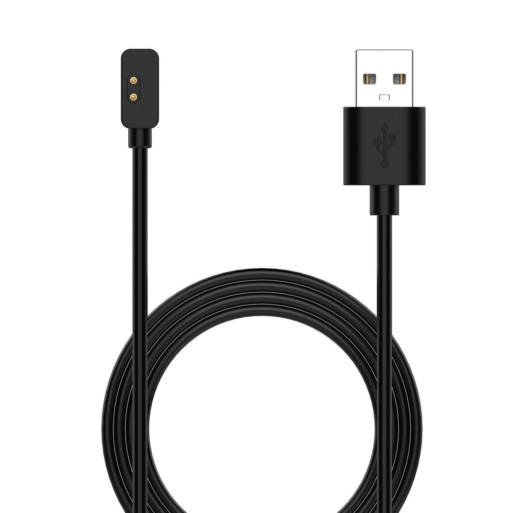 A black charging cable with a USB-A connector on one end and a magnetic charging connector on the other.