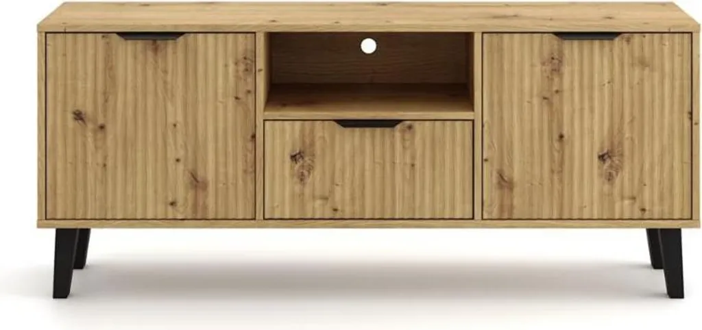 Meuble TV Borg Duo en bois naturel - Tiroir coulissant et portes XL