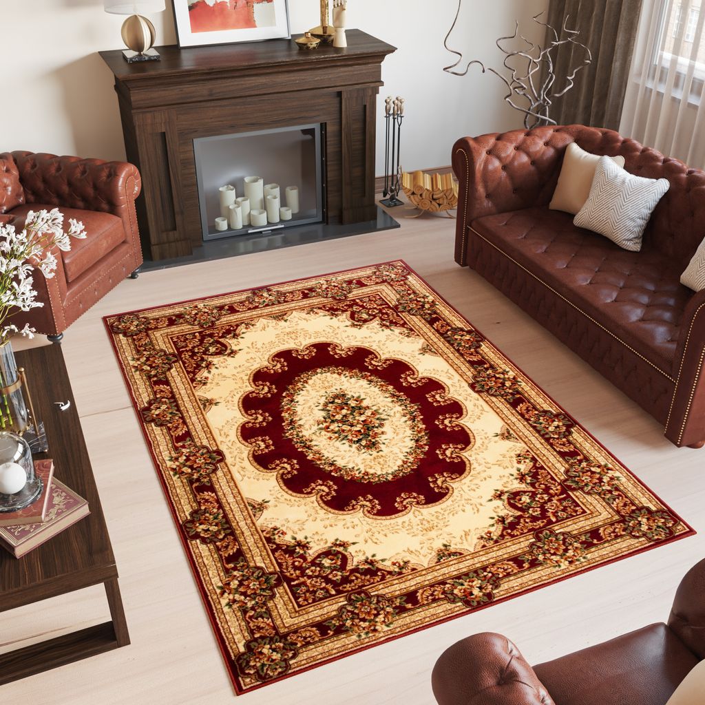 Teppich Wohnzimmer Schlafzimmer Kurzflor Design Klassisch Muster Floral Rot Beige Creme 160 x 220 cm