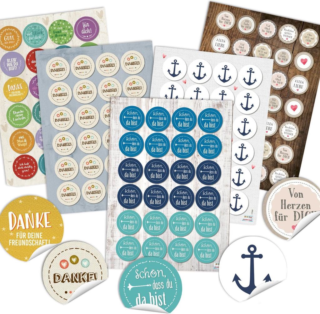 Buntes Aufkleber Set 131 Sticker - Danke + Anker + Sprüche Glückwunsch Motivation Liebe Freundschaft