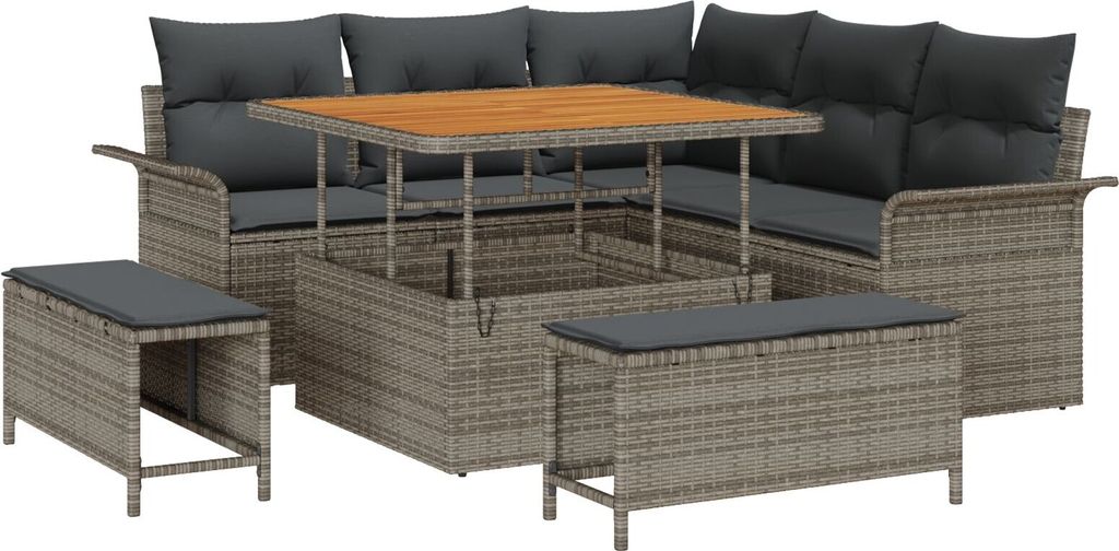 Möbel 8-teiliges Garten Sofa Set mit Kissen Grau Poly Rattan Akazie, 2-Sitzer Garten Sofa mit Stauraum & Kissen Grau Poly Rattan, 3-teiliges Garte...