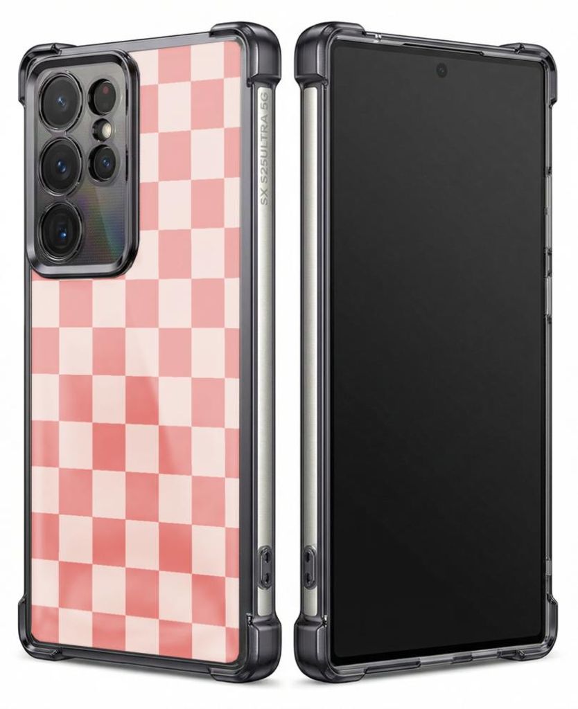 Personalisierte Hülle mit Bild für Samsung Galaxy S24 Ultra Elektroplattiert TPU Stoßdämpfer Handyhülle mit Rosa-weißes Schachbrettmuster