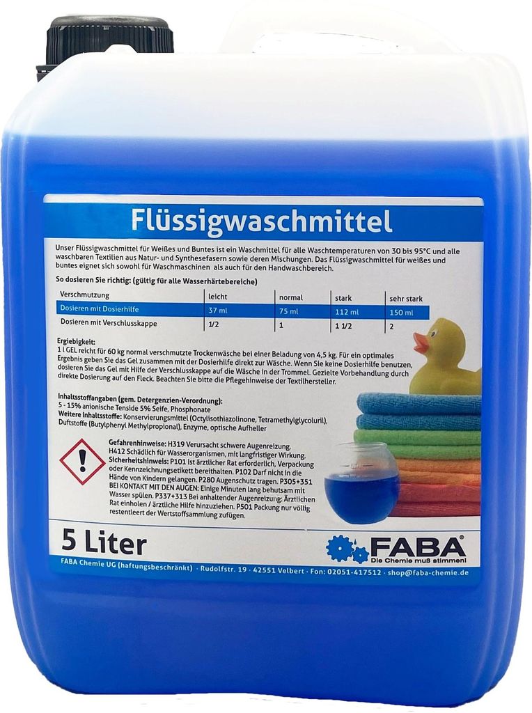 FABA Flüssigwaschmittel Konzentrat 5 L, blau, Universal Color angenehm frisch, gratis Ausgießer