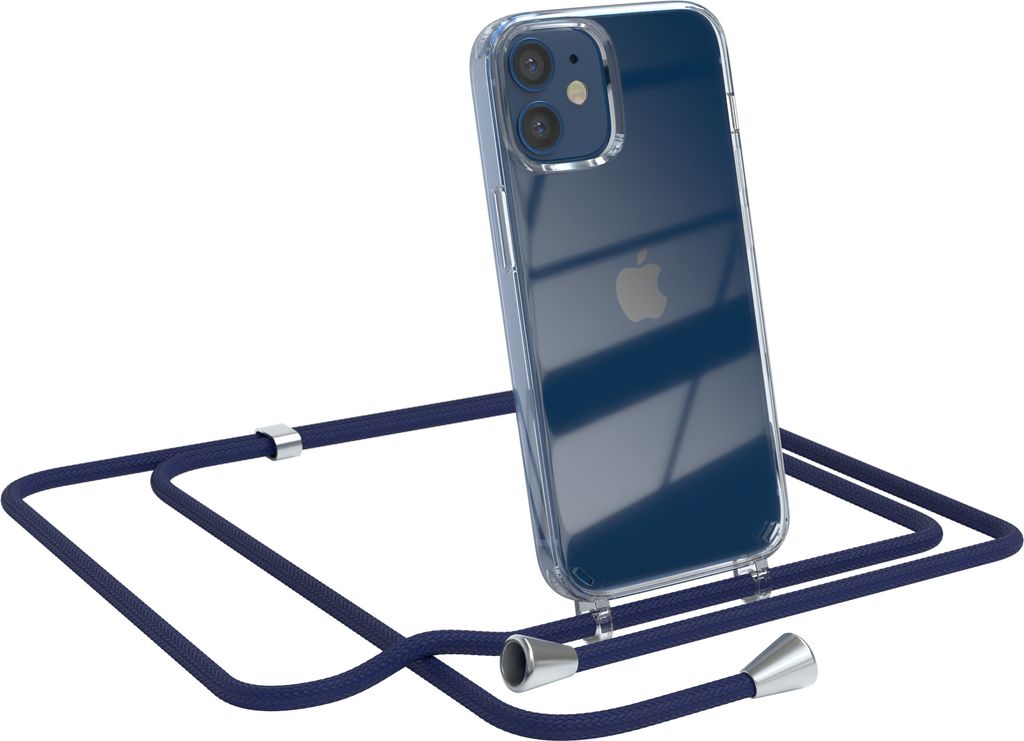 EAZY CASE Handykette kompatibel mit Apple iPhone 12 Mini, Handyhülle mit Umhängeband, Handykordel, Schutzhülle Clear, Band in Blau